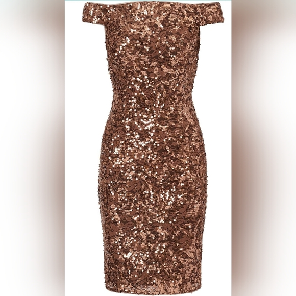 NWT Adrianna Papell Off-The-Shoulder Gold Sequin Cocktail Party Dress, Size 6 - Picture 4 of 6